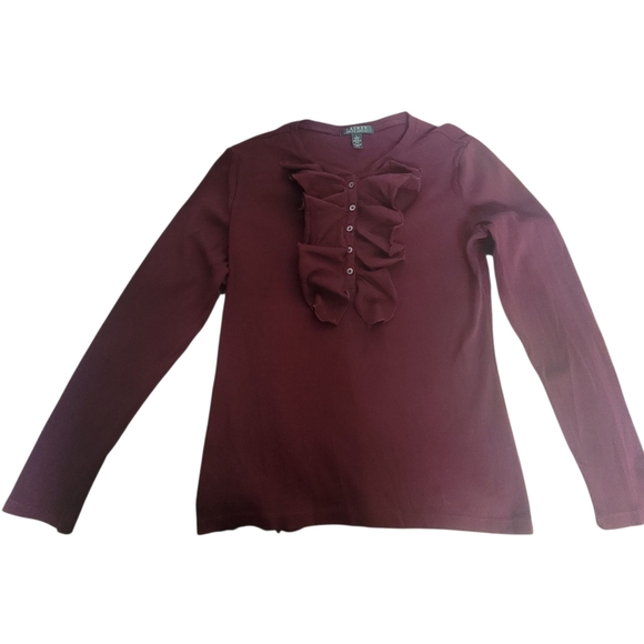 Vintage Lauren Ralph Lauren Womens (L) Burgundy Ribbed Ruffle Neck Lg Sleeve Top - Picture 4 of 6
